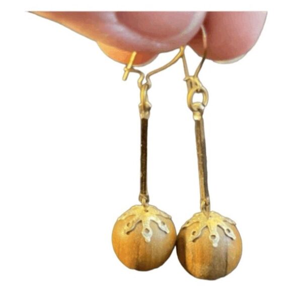 Vintage Beaded Wood Drop Earrings Silver Tone Metal Dangle French Wire - Picture 5 of 5